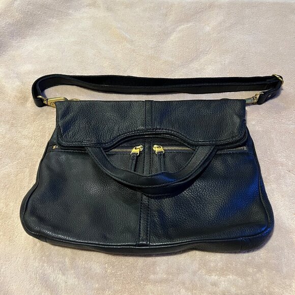 Large Fossil Erin crossbody fold over purse Black pebble leather dust bag includ - Picture 1 of 16